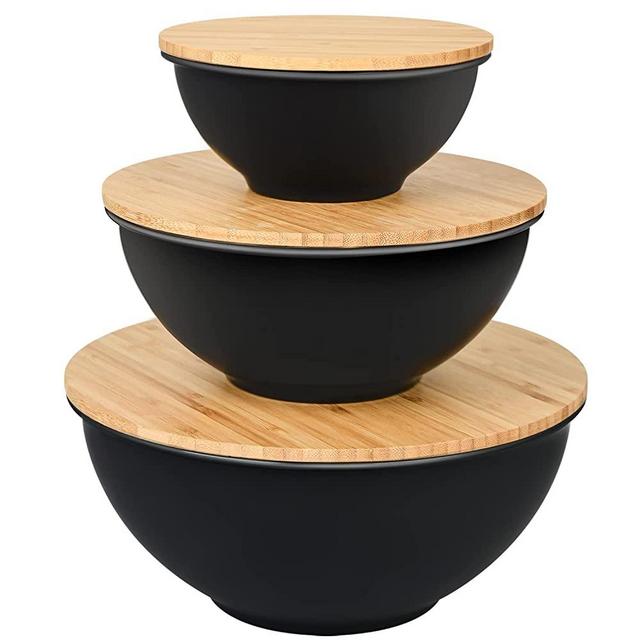 GEHE Salad Bowl with Lid, 10" Large Mixing Bowls with Lids Set, Bamboo Salad Bowl Set of 3, Salad Serving Bowl Set for Salad, Fruits, Pasta, Popcorn, Chips, Vegetables and Dishwasher Safe