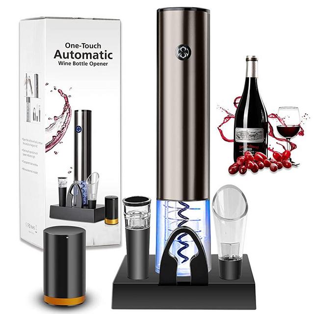 Electric Wine Opener, Rechargeable Automatic Bottle Corkscrew Opener Set with Foil Cutter and Vacuum Wine Stopper for Home Kitchen Bar, Black