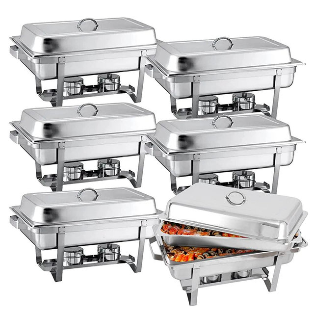 6 Pack Chafing Dish Buffet Set 8 Qt Stainless Steel Complete Chafer Set Catering Warmer Set with Water Pan, Fuel Holder for Parties, Dinners, Catering, Buffet and Weddings