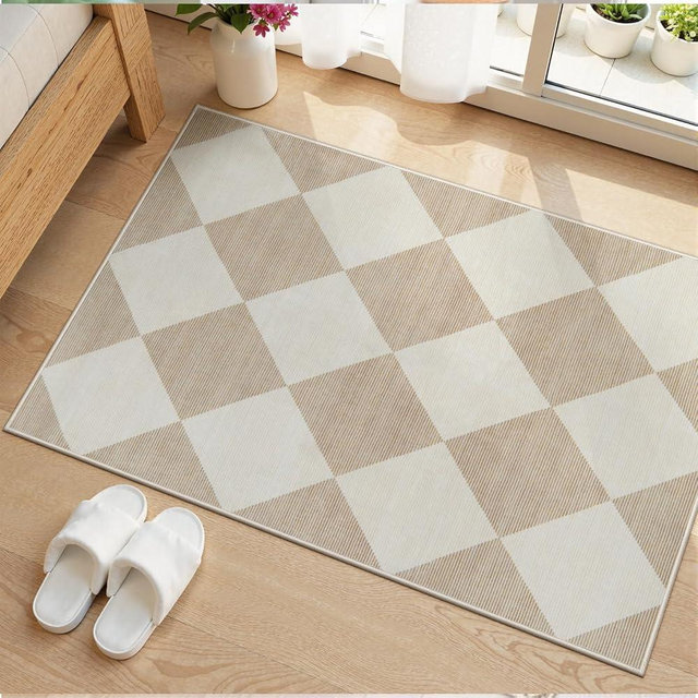 Beeiva Checkered Washable Indoor Door Mats for Entryway, 2x3 Non Slip Ultra Thin Bathroom Rugs Fit Under Door, Moroccan Neutral Soft Beige Small Rugs for Bedroom Kitchen Laundry Entrance (2'x3')