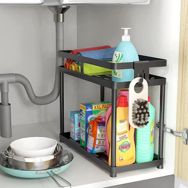 Under Sink Organizer, FLE 2 Tier Metal Under Bathroom Sink Storage Baskets with Hooks,Black Under Sink Shelf Organizer Rack, Multi-purpose Under Sink Storage for Bathroom Kitchen