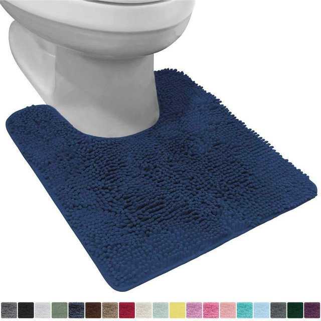 Gorilla Grip Original Shaggy Chenille Oval U-Shape Contoured Mat for Base of Toilet, 22.5x19.5 Size, Machine Wash and Dry, Soft Plush Absorbent Contour Carpet Mats for Bathroom Toilets, Navy Blue