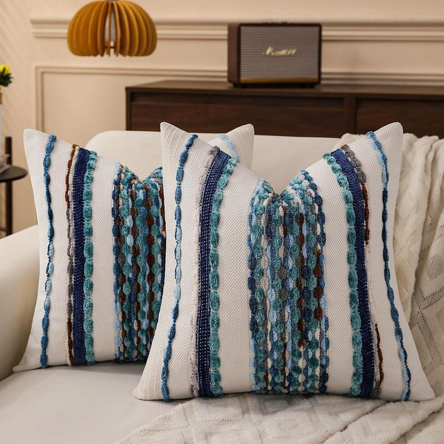 KOOLIFE Boho Striped Throw Pillow Covers 18x18 Inch Set of 2 Farmhouse Square Decorative Pillow Covers Chenille Tufted Accent Neutral Pillowcase Blue Cushion Cover for Living Room Couch Sofa Bed