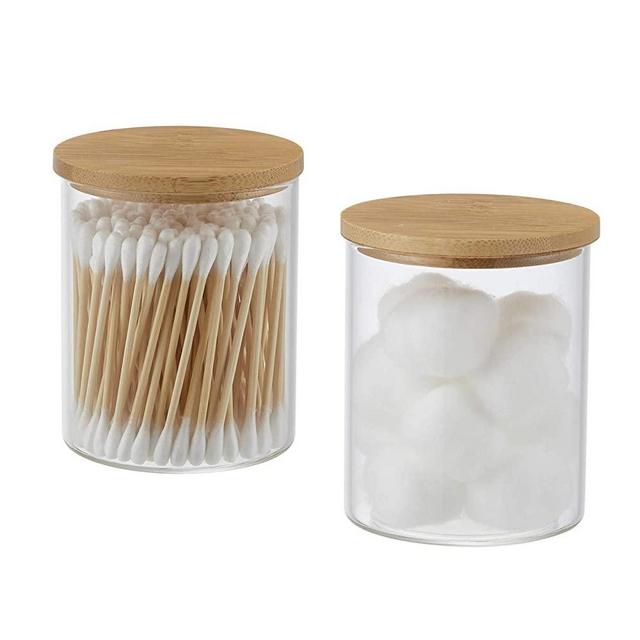 YININE Glass Apothecary Jars, Qtip Holder Dispenser Glass Bathroom Vanity Jar Containers Organizer with Bamboo Lid for Cotton Ball Swab Pad Rounds Q-tip Bath Salts, 2 Pack