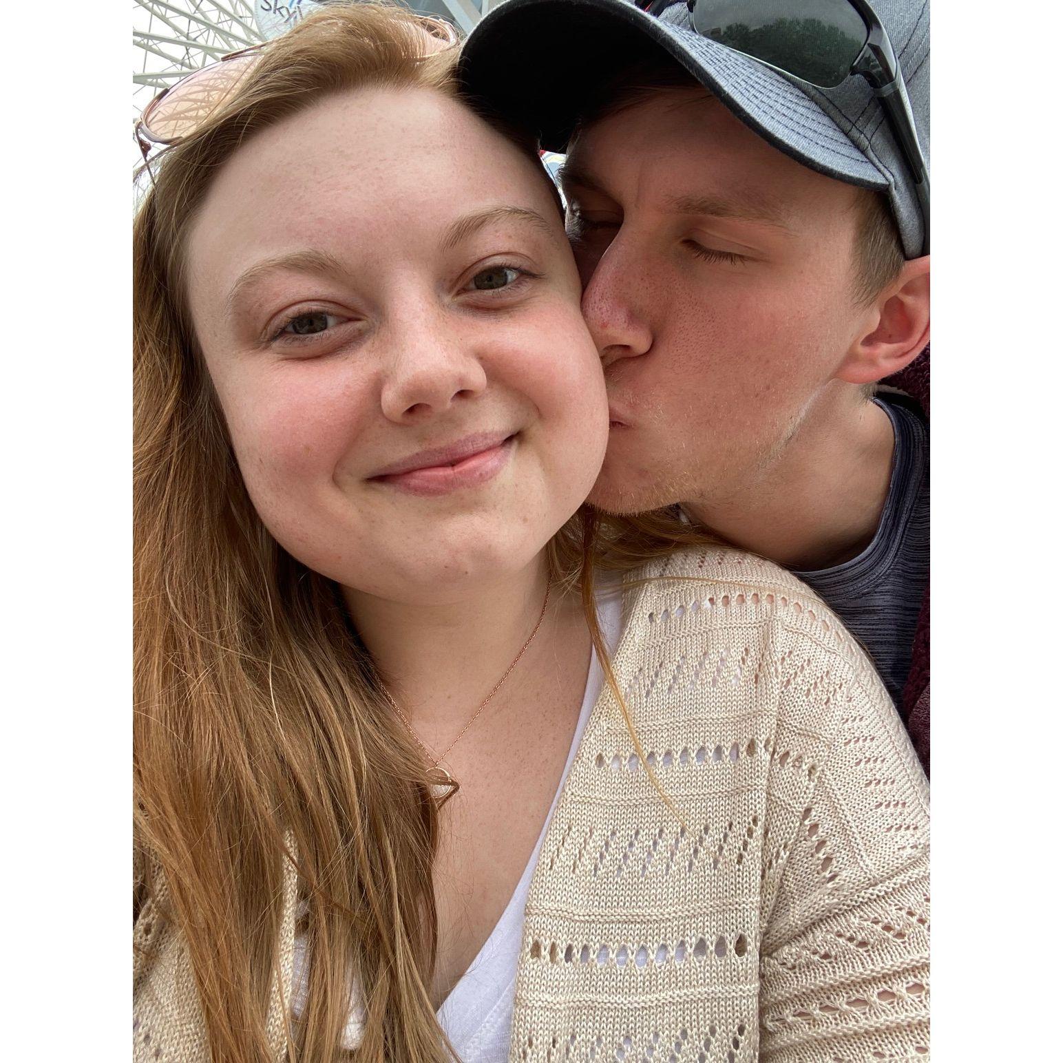 Because when you're scared of going up in the Ferris wheel at Myrtle Beach, he gives you a kiss.
(The Ferris wheel was not as scary as Kayla thought. Taken in March 2023)
