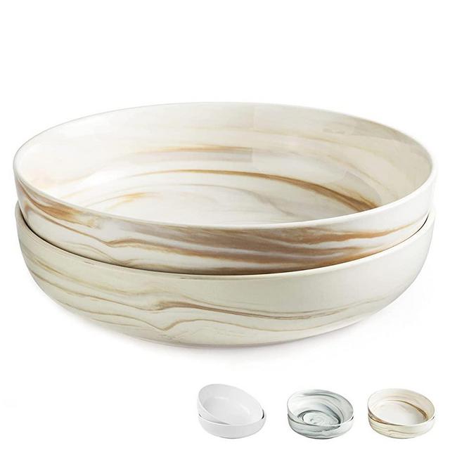LAUCHUH Large Serving Bowls, 11 inch Salad Bowls Pocerlain Serving Dishes for Entertaining,3.2 Quarts Large Stackable Bowl Set of 2 for Pasta, Fruit, Snack,Brown