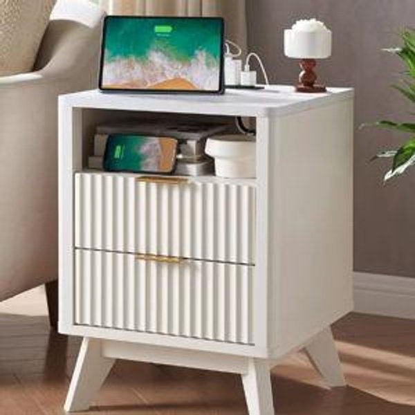 18" Modern Fluted Nightstand with Charging Station, Side Table with Faux Marble Top for Bedroom, Living Room