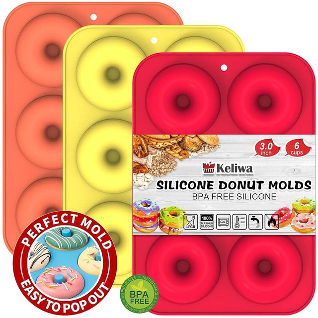 keliwa Silicone Donut Mold for 6 Doughnuts,Donut Pan Silicone Baking Mold,Non-Stick Silicone Doughnut Pan Set,Make Perfect Donut Cake Biscuit Bagels,Just Pop Out - 3 PCS - Red, Yellow, Orange