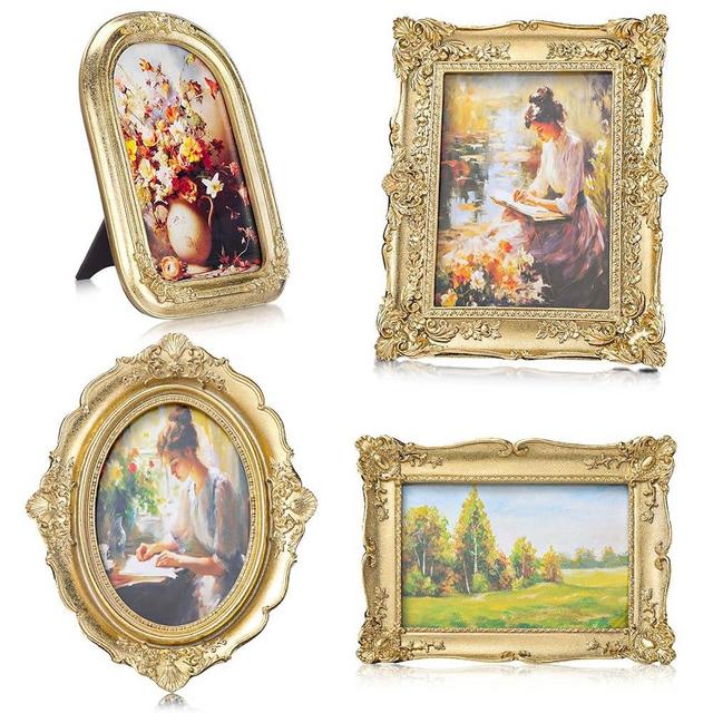 Geetery 4 Pcs Gold Gothic Vintage Picture Frame Set Victorian Antique Ofrenda Photo Picture Frame Small Luxury Wall Hanging Decor for Gallery Wall Photo Display Tabletop Home Decoration