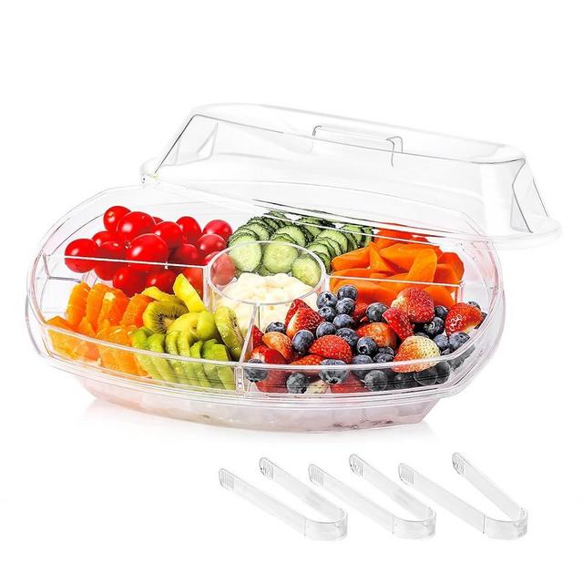 IVYHOME Fruit Trays for Serving for Party, Chilled Veggie Tray, Shrimp Cocktail Serving Dish, Appetizer Serving Platter for Parties, with Lid and 4 Compartments