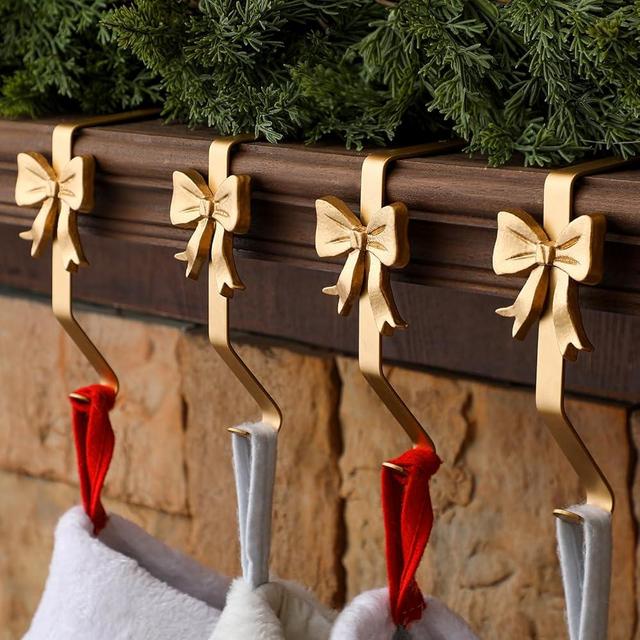 Shimeyao 8 Pcs Christmas Stocking Holder Stocking Hangers Xmas Decoration for Fireplace Shelf Staircases Party Decoration Christmas Mantel Decor (Bow,Brass)