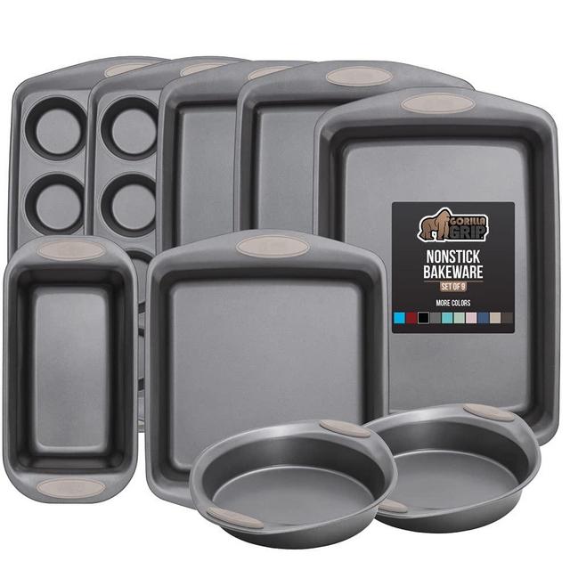 Gorilla Grip Original Kitchen Bakeware Sets, 9 Piece Baking Set, Silicone Handles, Includes 2 Large Size Cookie Sheets, 2 Round Cake Pans, 2 Muffin Pans, Loaf Pan, Large Roaster, Square Pan, Almond