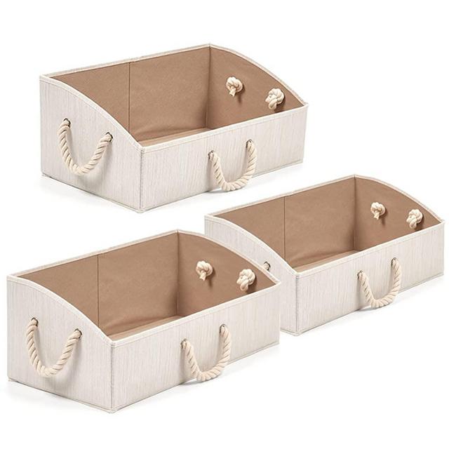 EZOWare Set of 3 Large Storage Bins Foldable Fabric Trapezoid Organizer Boxes with Cotton Rope Handle, Collapsible Basket for Closet, Baby Toys, Diaper - Beige
