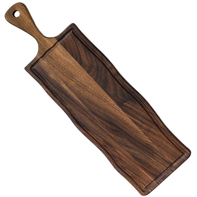 Elegant Walnut Wood Long Serving Board with Handle - Charcuterie Wooden Board - Stylish Versatility for Culinary Delights - Reversible with Juice Groove - 27.6x6.3x0.8 in - Woodie Poppins (Medium)