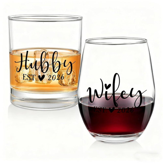 Jacriah Hubby & Wifey Est. 2026 – Wine & Whiskey Glass Set for Couples Romantic Wedding, Anniversary & Bridal Shower Gift