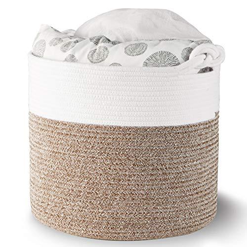 Polarduck Cotton Rope Basket 16” x 15” x 14”, Baby Laundry Basket, Laundry Hamper, Woven Blanket Basket, Nursery Bin Organizer, Toys Storage Basket with Lucky Knots Handle, (Natural White & Jute)
