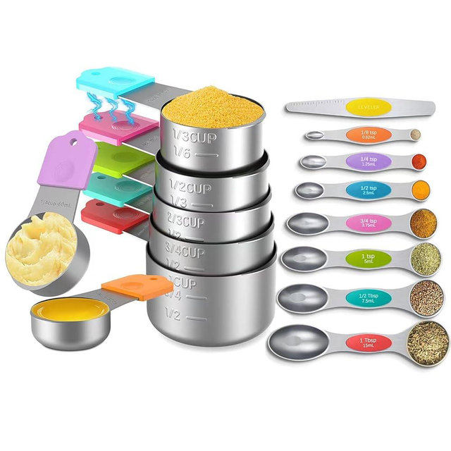 Minteem Magnetic Measuring Cups and Spoons Set, 7 Nesting Stainless Steel Measuring Cup Set with Easy to Read Markings, 7 Magnetic Measuring Spoons & 1 Leveler for Measuring Dry or Liquid Ingredients