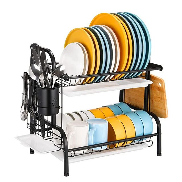 Dish Drying Rack, 2 Tier Stainless Steel Dish Rack with Drainboard, Utensil Holder, Cutting Board Holder, Large Rust-Proof Dish Drainer for Kitchen Counter, Black