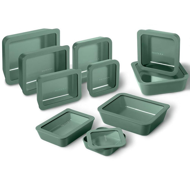 BRIVARA HOME Ceramic Coated Glass Food Storage Containers | No PTFE, PFOA, PFAS, and BPA | Reusable Non Toxic Meal Prep Containers with Glass Lids | Easy To Store | 10 Piece Set [Pine]