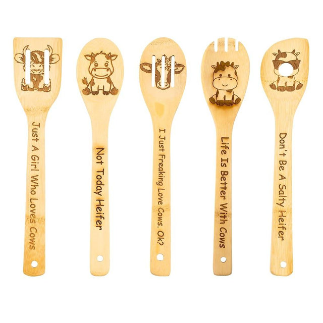 5PCS Cow Wooden Cooking Spoons Cow Gifts Cow Decor Cow Gifts for Women Cow Kitchen Decor Gifts for Cow Lovers Cow Stuff Party Favors Housewarming Wedding Cooking Bamboo Cooking Spoons