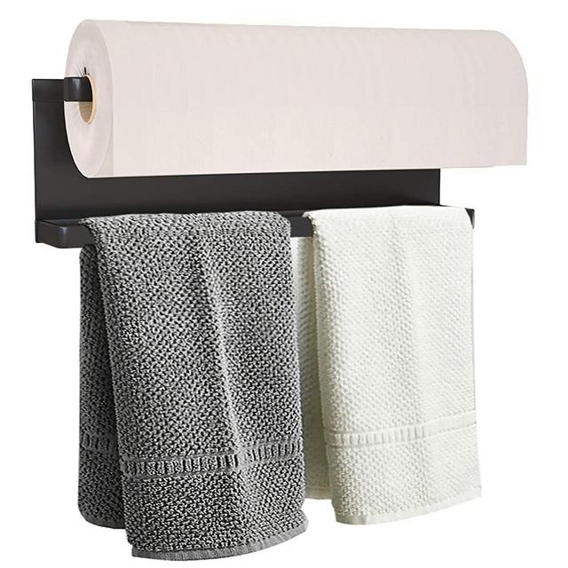 Magnetic Paper Towel Holder for Refrigerator, Kitchen Towel Rack Magnetic Shelf Multi Function Made of Iron,Used for Kitchen,Bathroom,Toilet, Drill Free (Black, Medium)