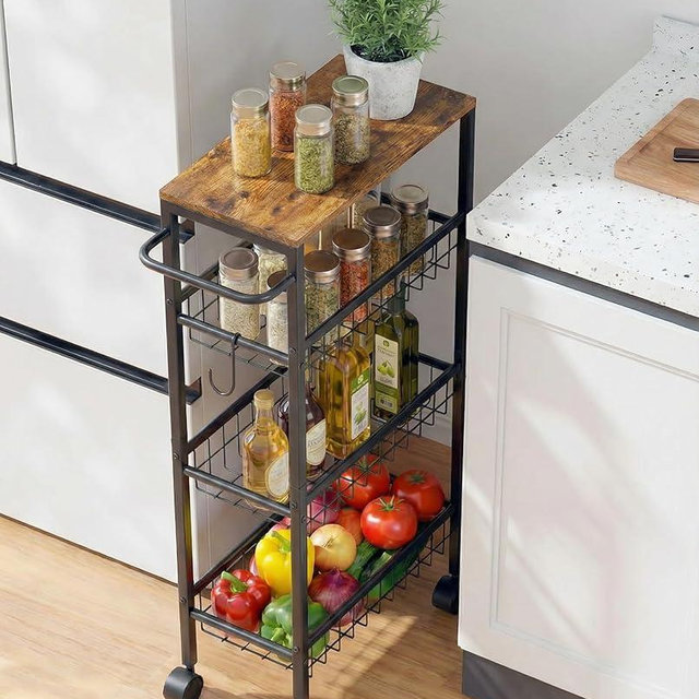 Tujurich Rolling Utility Cart, 4-Tier Slim Narrow Storage Cart with Wheels for Kitchen, Laundry Room Organization, Metal Bathroom Organizer with Wood Top, Brown, 17.3" x 7.9" x 32.6"