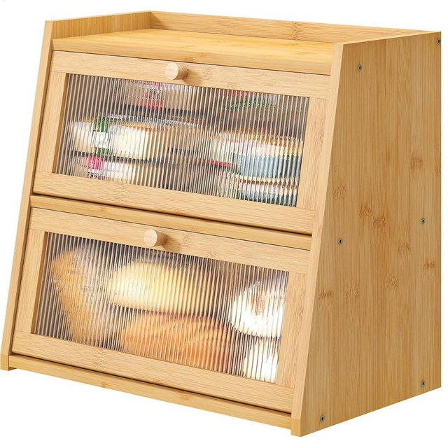 viewcare Bread Box for Kitchen Counter, Double Layer Large Bamboo Wood Bread Box, Bamboo Bread Storage Container with Wavy Acrylic Transparent Door