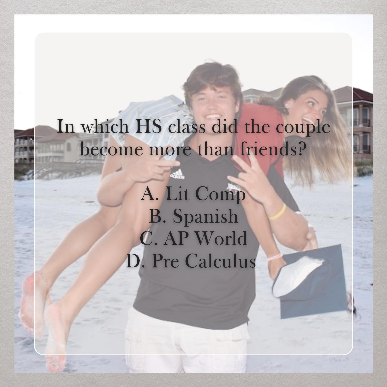 Answer = A! 
Mrs. Holcomb’s literature composition class during their sophomore year of high school📚