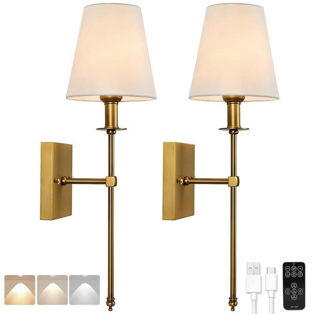 YESIE Battery Operated Wall Sconce Set of Two,Remote Control,Soft Warm 2700K-6000K,No Flicker,50W Equivalent Lamp,450Lumens,Detachable Charging,Picture Light,Dimmable,White Shade,Non Hardwired(Gold)