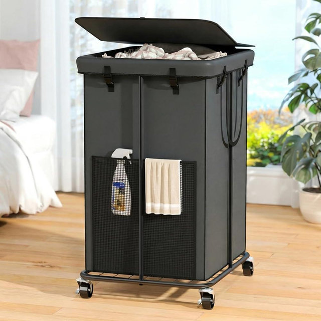 160L Laundry Hamper with Lid, Rolling Laundry Basket with Wheels, Large & Tall Dirty Clothes Hamper with Metal Frame and Removable Bag for Bedroom Aesthetic, Laundry Room, Bathroom, Dorm-Dark Gray