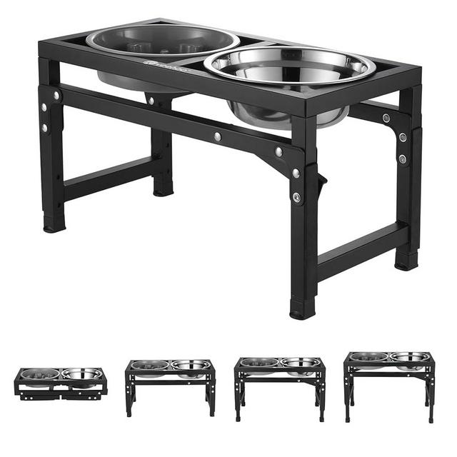 Veehoo Elevated Dog Bowls, Metal Raised Dog Bowl Stand with Slow Feeder & 2 Stainless Steel Food Water Bowl, Non-Slip Dog Dish Adjusts to 3.7", 9", 11" and 12" for Large Medium Small Dogs, Black