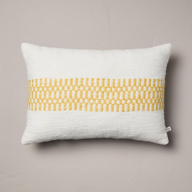 14"x20" Checkered Stripe Indoor/Outdoor Lumbar Throw Pillow Cream/Gold - Hearth & Hand™ with Magnolia