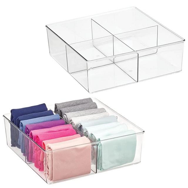 mDesign Plastic 4 Compartment Divided Drawer and Closet Storage Bin - Organizer for Scarves, Socks, Ties Bras, and Underwear - Dress Drawer Organizer, Shelf Organization - 2 Pack - Clear