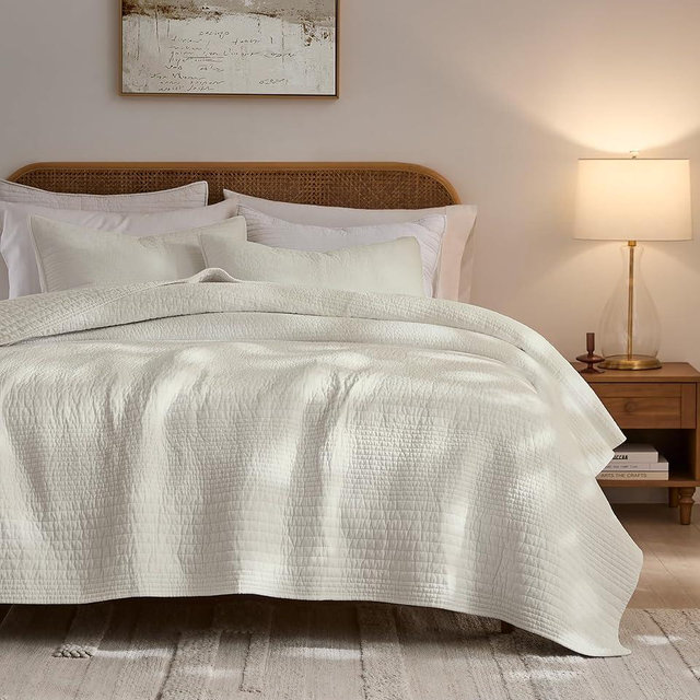 palassio Striped Beige 100% Cotton Quilt California Cal King Size Bedding Sets, Oversized Lightweight Channel Pick Stitch Textured Bedspread Soft Farmhouse Country Coverlet for All Season, 2 Shams