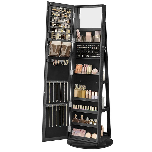 SONGMICS 360° Swivel Jewelry Cabinet, Lockable Jewelry Organizer with Full-Length Mirror, Rear Storage Shelves, Interior Mirror, Jewelry Armoire, Gift Idea, Black UJJC006B01