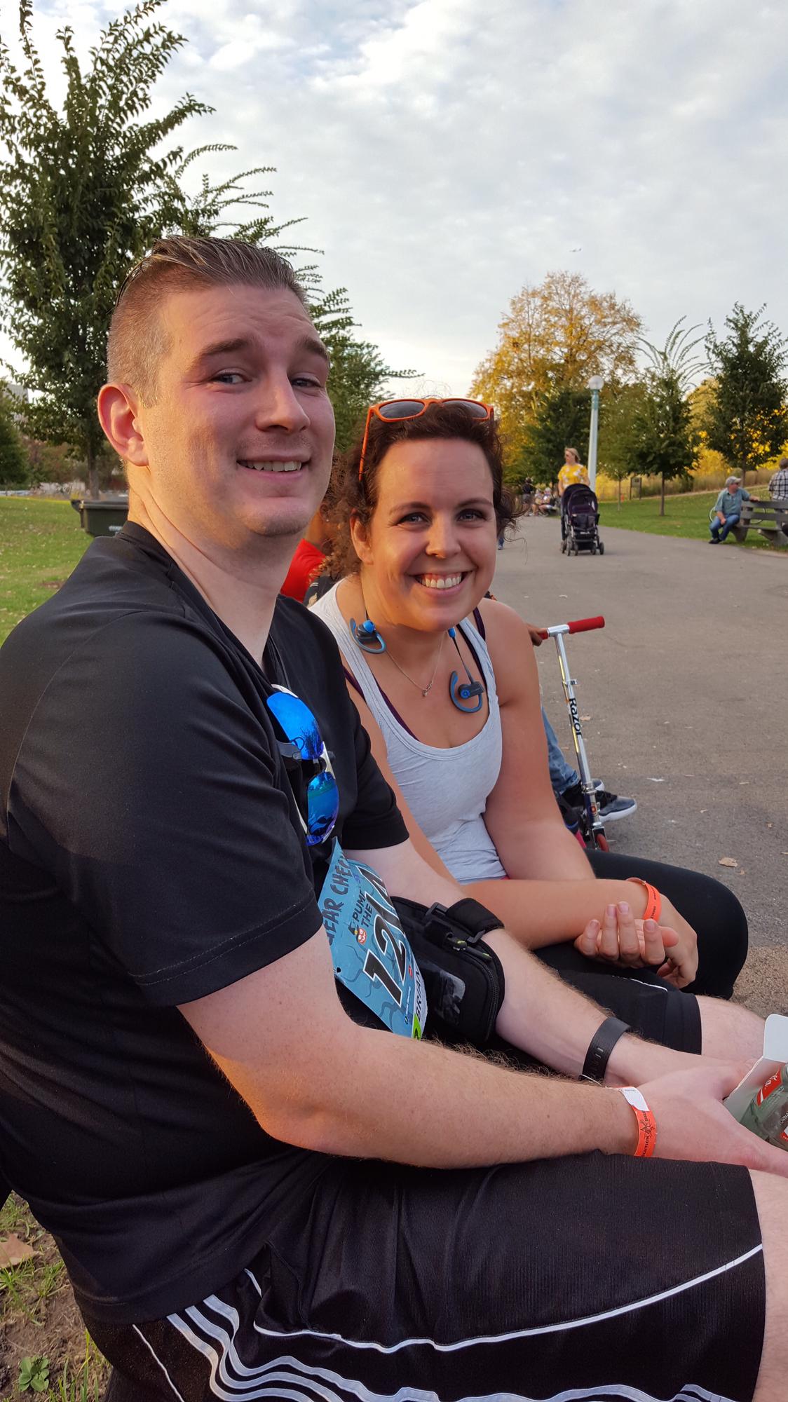 Our first picture together, after a Pumpkins in the Park 5K. Taken by Brian's mom Barb. Not pictured - the delicious baked goods we received post-run. Worth it.