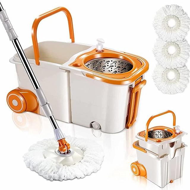MASTERTOP Spin Mop Bucket System with Wringer Set - Floor Mop Stainless Steel Mop Handle, Mop Buckets Separate Clean and Dirty Water, 3 Replacement Microfiber Mop Head, Cleaning Bucket Easy to Store