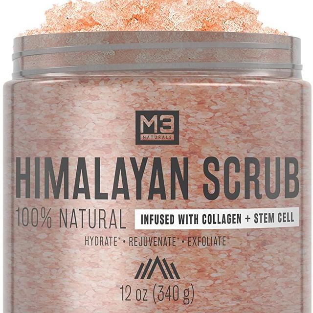 M3 Naturals Himalayan Salt Scrub Infused with Collagen and Stem Cell Natural Exfoliating Body Souffle Face for Acne Cellulite Dead Skin Scars Wrinkles Cleansing Exfoliator 12 oz