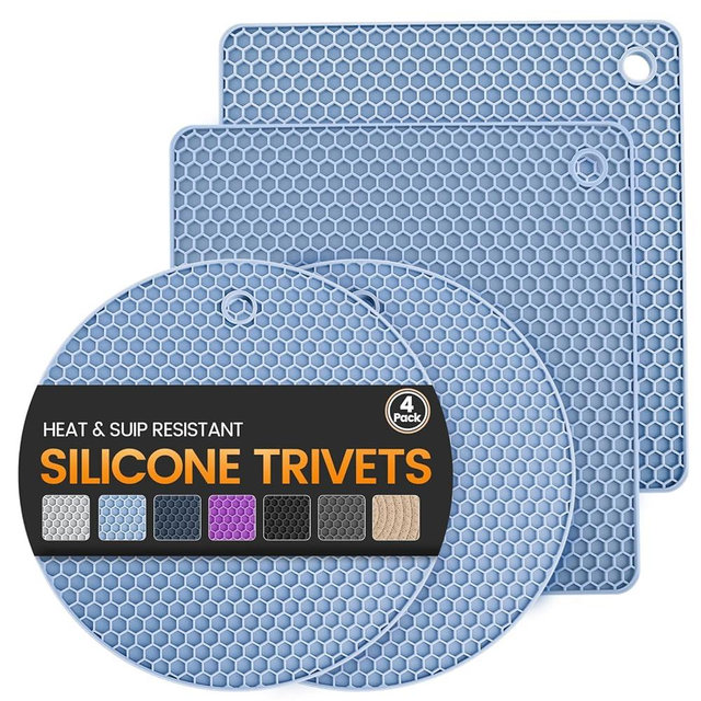 Silicone Trivet Mats 4 Heat Resistant Pot Holders Multipurpose Non-Slip Hot Pads for Kitchen Potholders, Drying mat, Jar Opener, Spoon Holder, Coaster(Nordic Blue)