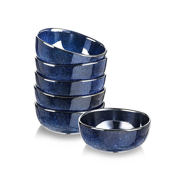 vicrays Ceramic Cereal Bowls Set - Porcelain 26 Ounce Soup Salad Bowls Set - Rice Dessert Cream Bowls Set - Chip Resistant Dishwasher Microwave Safe - Set of 6 (Blue)