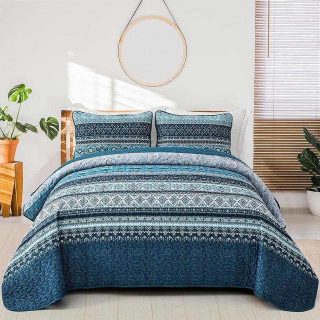 WONGS BEDDING Boho Queen Quilt Set, Blue Bohemian Queen Quilt Bedding Set, Lightweight Microfiber Bed Decor Bedspread for All Season 96"x90"(3 Pieces)