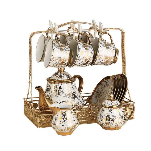 Hunkie Coffee cup set set Whole set European bone china ceramic cup and saucer tea set tea cup household water cup (Golden flower set)