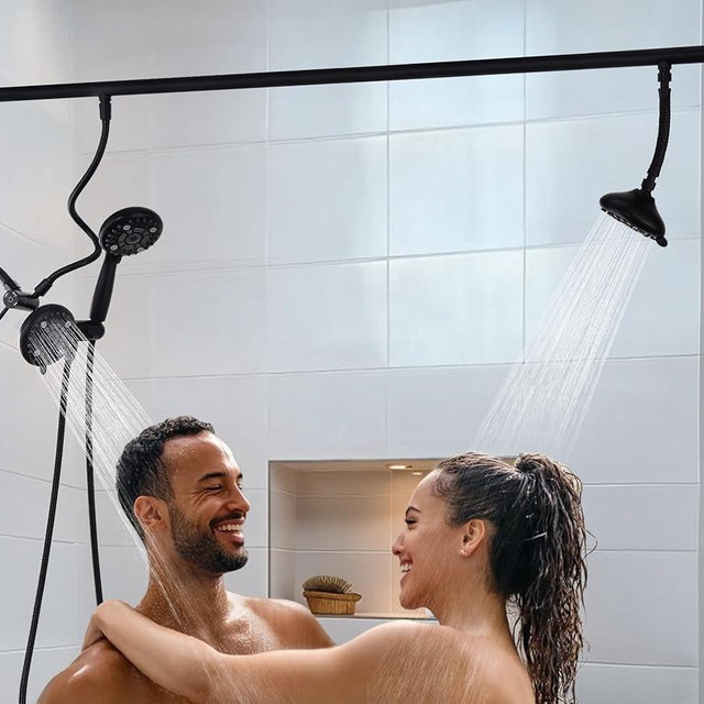 V-Frankness Dual Shower Head for Couples, High Pressure and Adjustable Multimodal Tandem Shower Head System for Two People Rod, 3-Setting Diverter with Holder, 71 Inch Extra Long Hose (Matte Black)