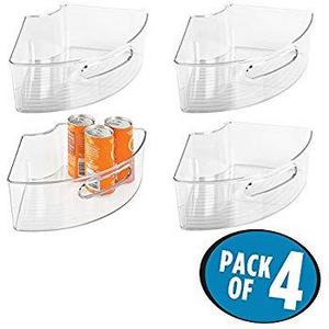 mDesign Kitchen Cabinet Lazy Susan Storage Organizer Bin with Front Handle - Small Pie-Shaped 1/4 Wedge, 4" Deep Container – Food Safe, BPA Free - Pack of 4, Clear