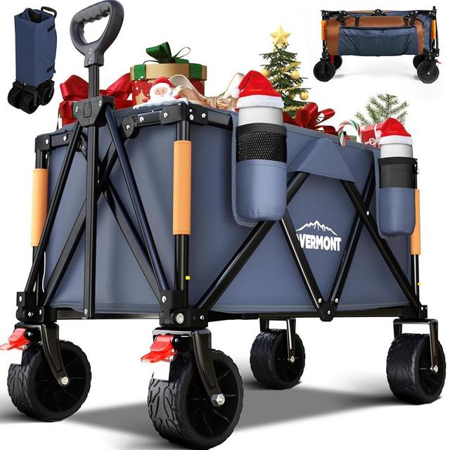 Overmont Collapsible Beach Wagon Cart with Side Pockets - All-Terrain Big Detachable Wheels - 265lbs Weight Capacity - Heavy Duty Foldable Garden Cart 150L for Camping Shopping Sports