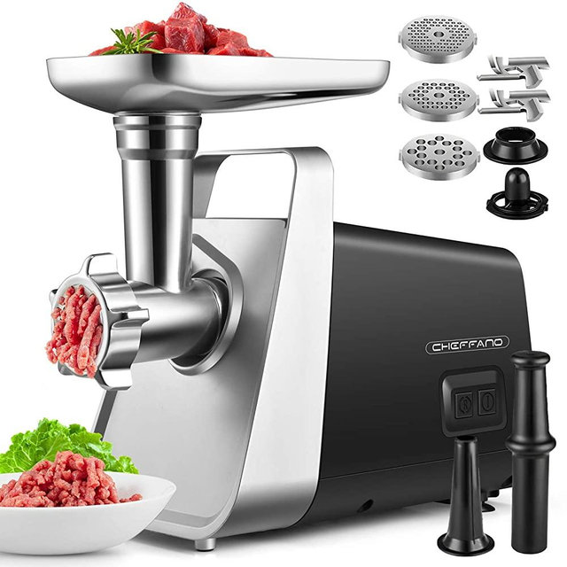 Meat Grinder Electric, CHEFFANO Heavy Duty Meat Grinder Machine Sausage Stuffer Maker 2000W Max with Convenient Handle, 9 Accessories [ Sausage & Kubbe Kit Included ], Home Commercial Use (Black-QK)