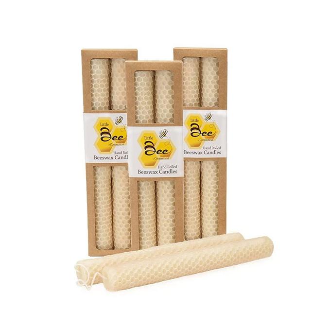 8 Inch Hand-Rolled Beeswax Taper Candles - Little Bee of Connecticut (Three Pairs)