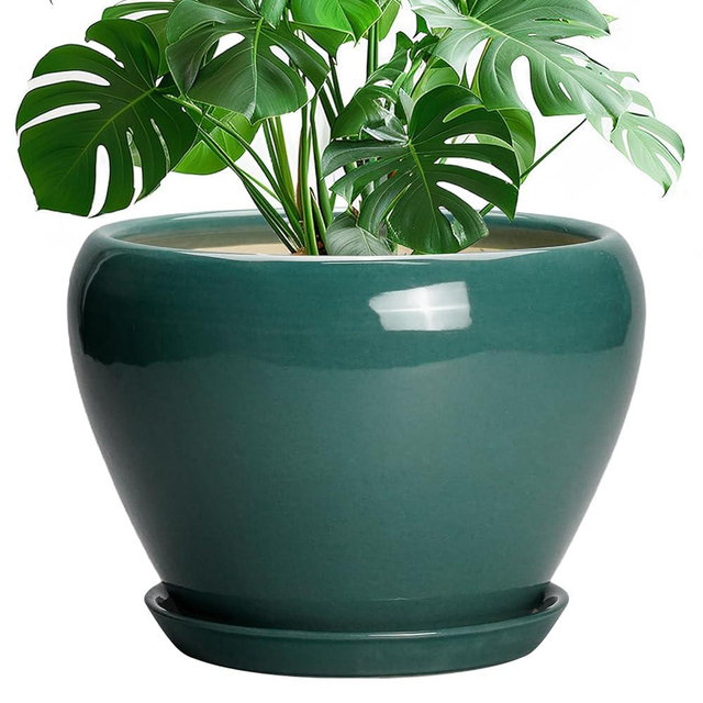Ceramicfor Ceramic Planter for Indoor Plants 10 Inch - Ceramic Plant Pot with Drainage Hole and Saucer, Glaze Round Modern Decorative Planter, Plant Lover Gifts, Home Room Office Decor, Green