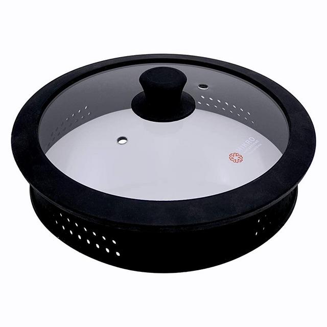 Glass and Silicone Microwave Splatter Cover - BPA Free Microwave Food Plate Cover - Dishwasher safe 10.5" Modern Design with Vent Holes and Stay Cool Knob Easy to Clean Dish washer safe - Black