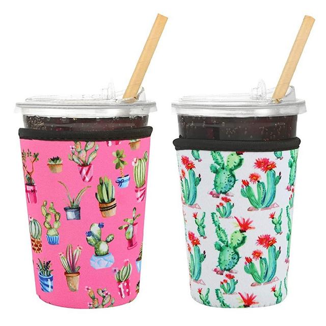 Creatyi 2 PCS Reusable Iced Coffee Sleeve Hot Coffee Sleeve Neoprene Cup Holder Drinks Sleeve Perfect for Your Coffee Drinks (22-25 oz Medium, Flamingo and Cactus)